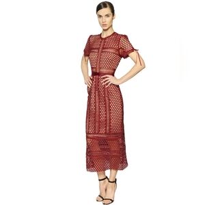 Self Portrait Burgundy Red Embroidered Lace Column Midi Dress Size 4